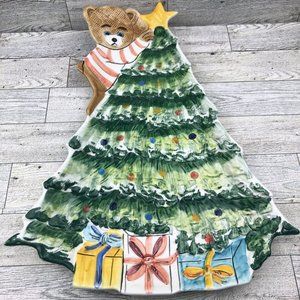 Pre-Owned Italy Christmas Tree & Bear Hand Painted Tray Platter Plate Dish 15.5"